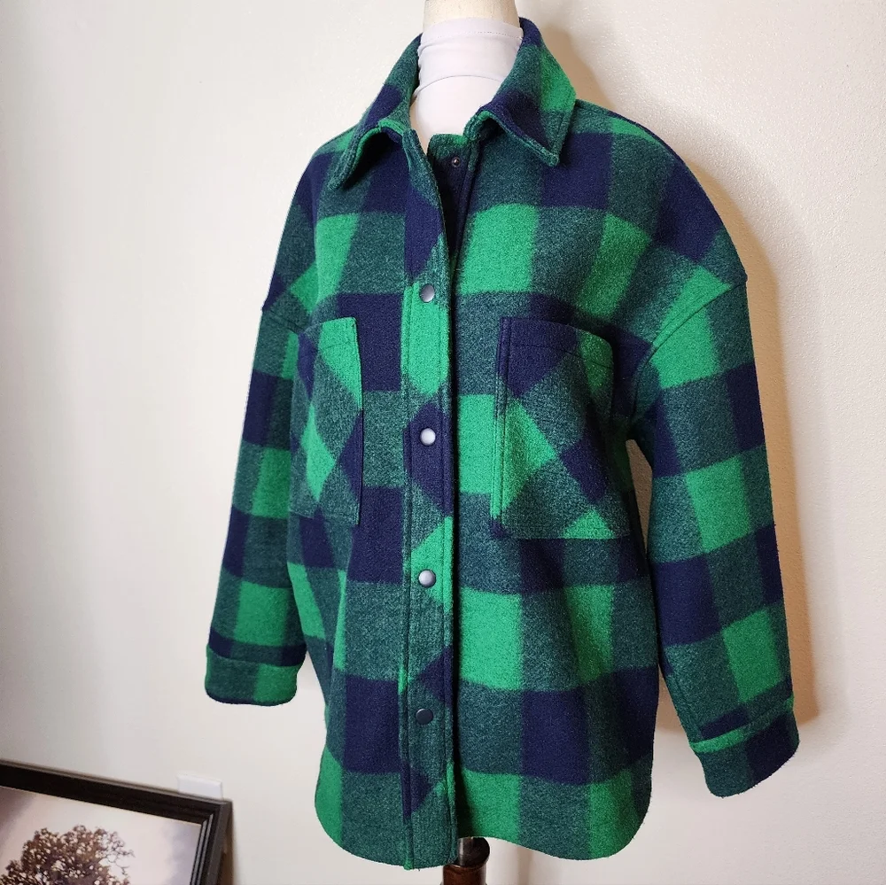 Zara Buffalo Plaid Jacket Green Navy Shacket Winter Thick Flannel Street Wear